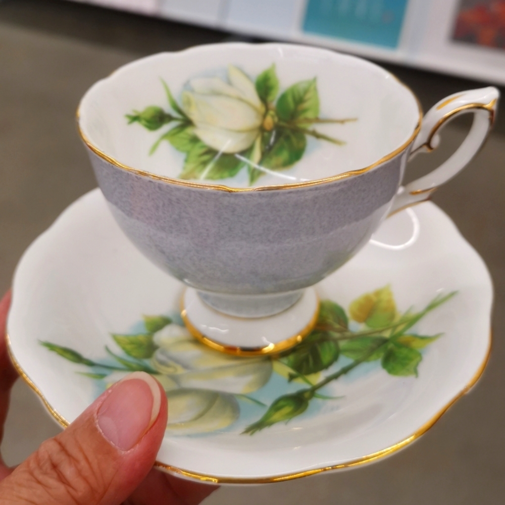 Royal Standard "Virgo" Light Blue Marble Glaze White Rose Cup and Saucer